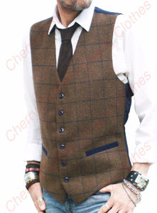 Waistcoat | Mens Wool Blend Tweed Brown Tan Check Waistcoat Vest -S M L Xl Xxl 3xl