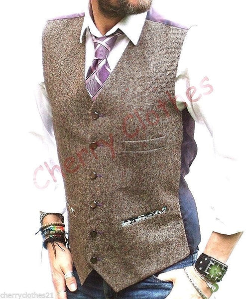 Mens Wool Blend Tweed Brown Donegal Fleck  Waistcoat Vest Gilet -   S M L Xl Xxl