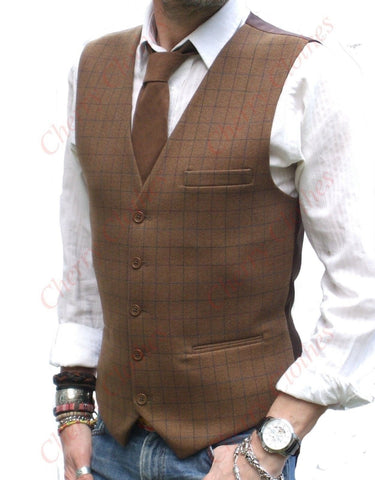 Mens Camel Brown Check  Wool Handle Tweed Waistcoat Vest Gilet