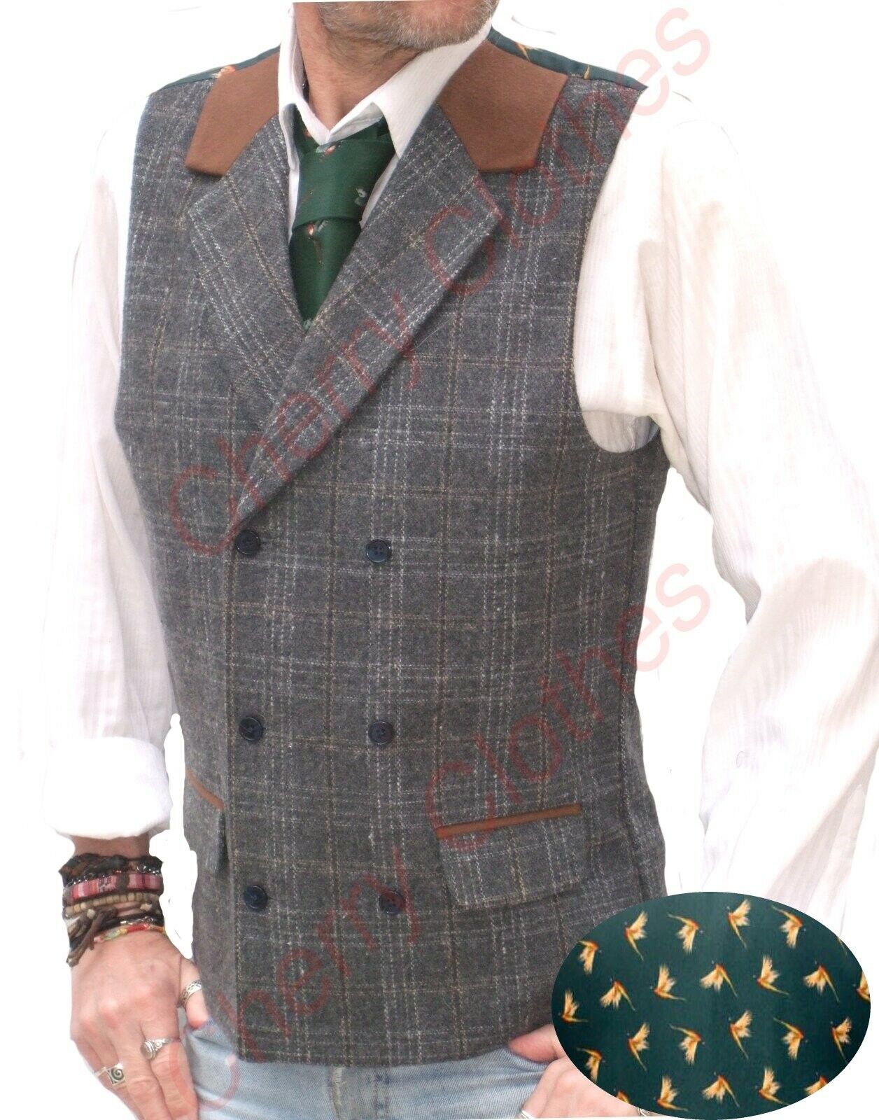 Waistcoat | Mens Country Double Breasted Waistcoat Vest Gilet Grey Gray Check Tweed