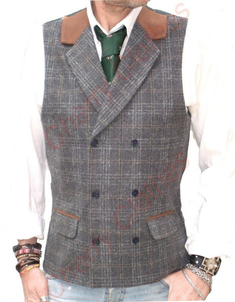 Waistcoat | Mens Country Double Breasted Waistcoat Vest Gilet Grey Gray Check Tweed