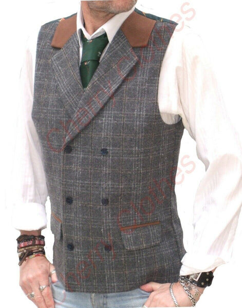 Waistcoat | Mens Country Double Breasted Waistcoat Vest Gilet Grey Gray Check Tweed