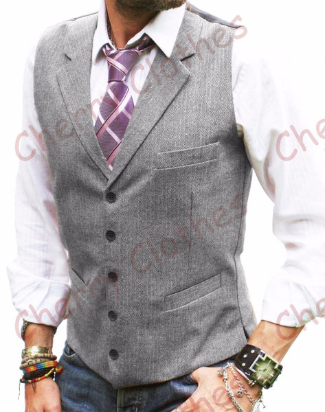 Mens Wool Blend Tweed Grey Gray Lapel Collar Waistcoat Vest  Tailored Fit