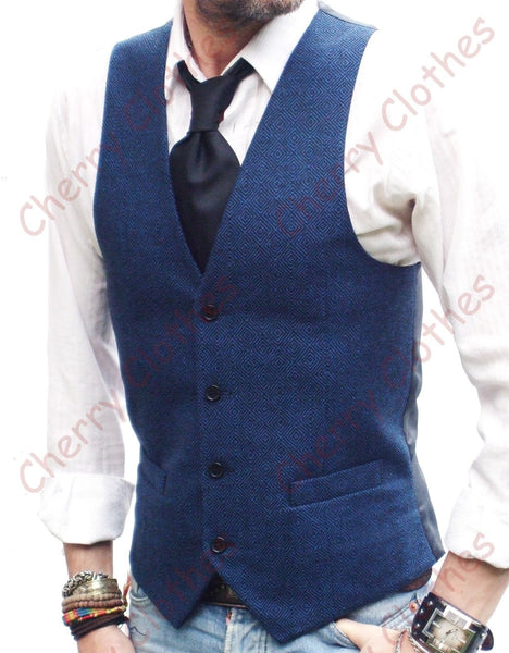 Mens Wool Blend Blue Slim Fit Tweed Waistcoat Vest All Sizes - Diamond Pattern