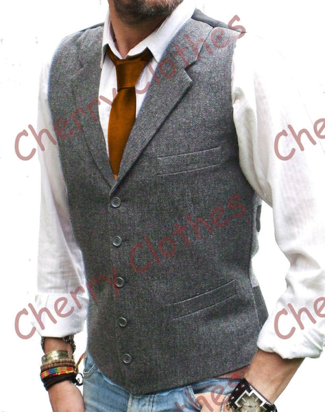 Mens Wool Blend Grey Gray Lapel Collar Donegal Tweed Waistcoat Vest Tailored Fit