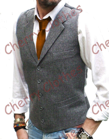 Mens Wool Blend Grey Gray Lapel Collar Donegal Tweed Waistcoat Vest Tailored Fit