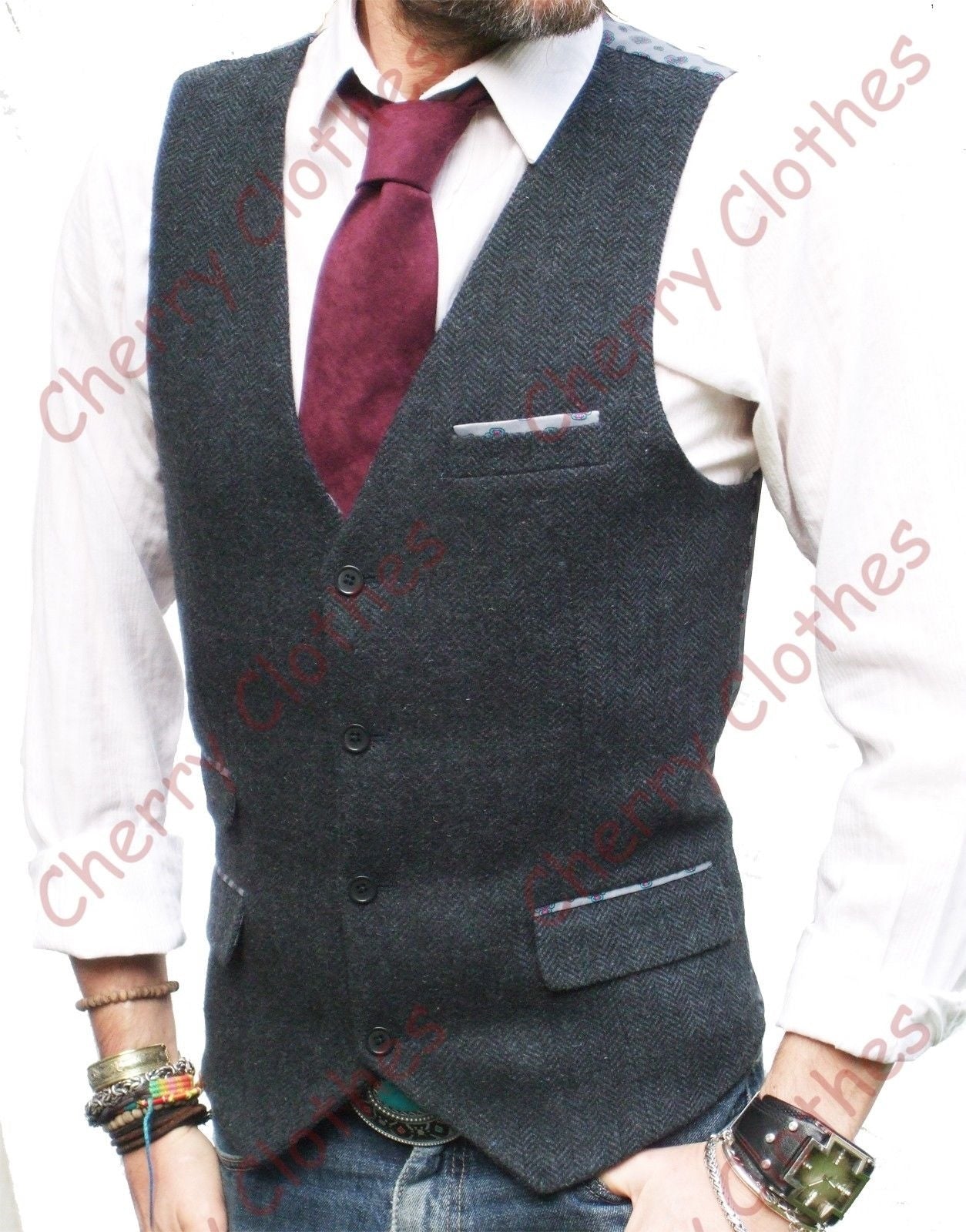 Mens Wool Blend Slim Fit Grey Gray Herringbone Tweed Waistcoat Vest All Sizes