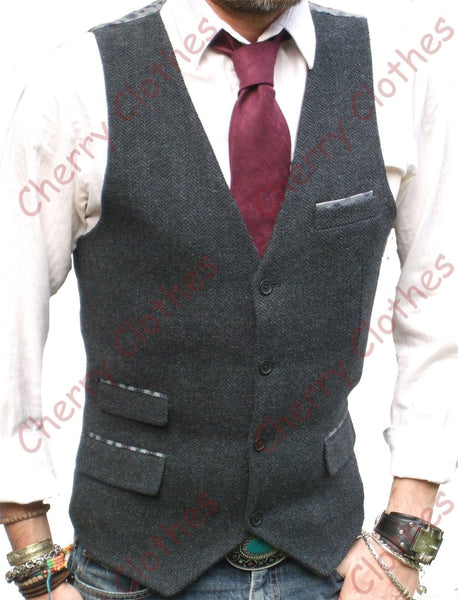 Mens Wool Blend Slim Fit Grey Gray Herringbone Tweed Waistcoat Vest All Sizes