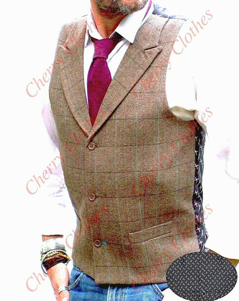 Mens Tweed Style Brown Check Lapel Collar Waistcoat Vest Gilet - Waistcoats