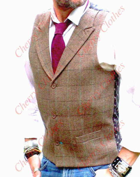 Mens Tweed Style Brown Check Lapel Collar Waistcoat Vest Gilet - Waistcoats