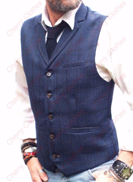 Mens Navy Blue Check Lapel Collar Waistcoat Vest - Slim Fit     Last One - 36"!!