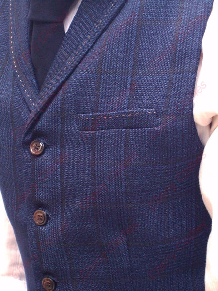 Mens Navy Blue Check Lapel Collar Waistcoat Vest - Slim Fit     Last One - 36"!!