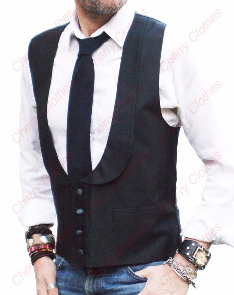 Mens Black Silk Horseshoe Low U Cut Lapel Collar Waistcoat Vest - M L Xl Xxl