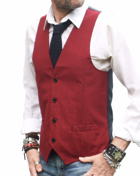 Mens Red With Fine Navy Blue Check Waistcoat Slim Fit Vest - All Sizes