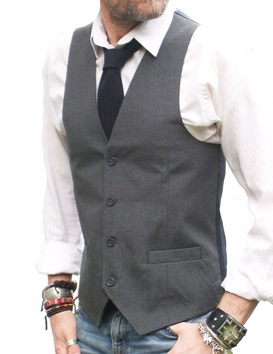 Mens Grey Gray With Fine Black Check Waistcoat Slim Fit Vest Gilet - All Sizes