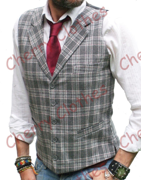 Waistcoat | Mens Wool Blend Tweed Grey Gray Pink Check Lapel Collar Tailored Waistcoat Vest