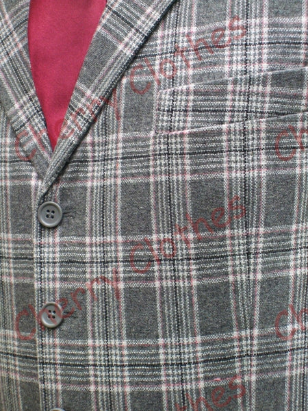 Waistcoat | Mens Wool Blend Tweed Grey Gray Pink Check Lapel Collar Tailored Waistcoat Vest