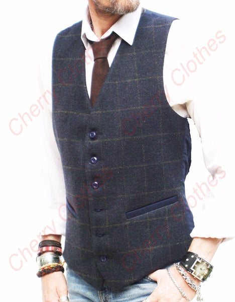 Waistcoat | Mens Wool Blend Tweed Navy Blue Check Waistcoat Vest Gilet - S M L Xl Xxl 3xl