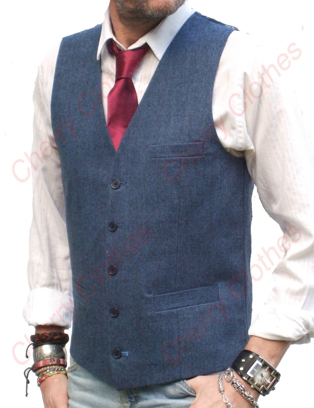 Mens Blue Herringbone Tailored Fit Waistcoat Vest Gilet Wool Handle Tweed