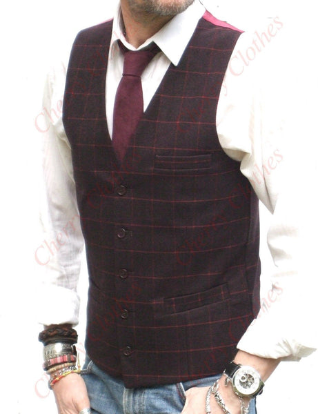 Mens Burgundy Wine Red Check Tailored Fit Waistcoat Vest Gilet Wool Handle Tweed