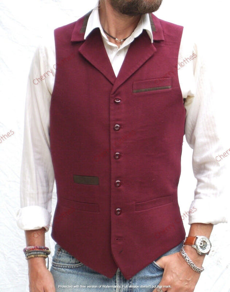 Waistcoat | Mens Moleskin Cotton Waistcoat Vest Wine Red  S M L XL XXL 3XL