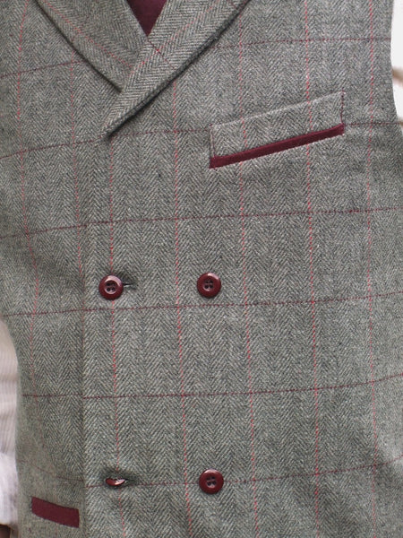 Mens Wool Blend Tweed Double Breasted Grey Check Herringbone Waistcoat Vest