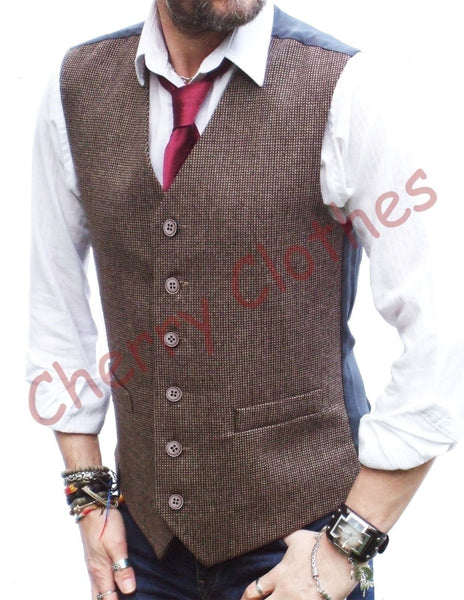 Mens Wool Blend Brown Tweed Fine Herringbone Waistcoat Vest Gilet -S M L Xl Xxl