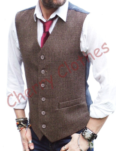 Mens Wool Blend Brown Tweed Fine Herringbone Waistcoat Vest Gilet -S M L Xl Xxl