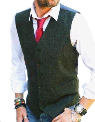 Waistcoat | Mens Wool Blend Tweed Herringbone Green Waistcoat Vest Gilet  -   M L Xl Xxl