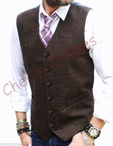 Mens Tweed Wool Blend Brown Fleck Waistcoat Vest Gilet-   S M L Xl Xxl 3xl 4xl