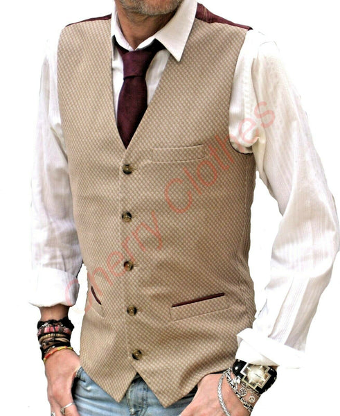 Waistcoat | Mens Brown Beige Burgundy Waistcoat Vest Gilet Modern Fit Tweed Style