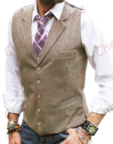 Mens Wool Blend Tweed Brown Beige Lapel Collar Waistcoat Vest Gilet-Tailored Fit