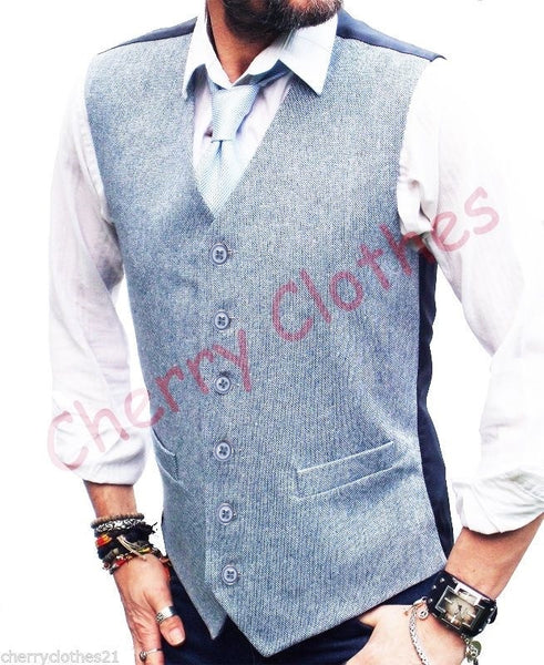 Mens Wool Blend Tweed Light Blue Waistcoat Vest Gilet- All Sizes S M L Xl Xxl