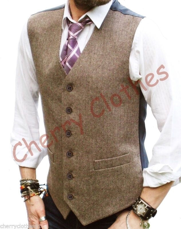 Waistcoat | Mens Wool Blend Tweed Brown Beige Herringbone Waistcoat Vest Gilet  M L Xl Xxl