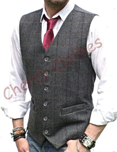 Mens Wool Blend Tweed Grey Gray Herringbone Check Waistcoat Vest Gilet - S - 4xl