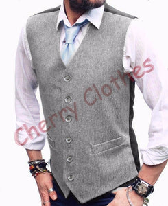 Mens Wool Blend Tweed Light Grey Gray Waistcoat Vest Gilet -  S M L Xl Xxl