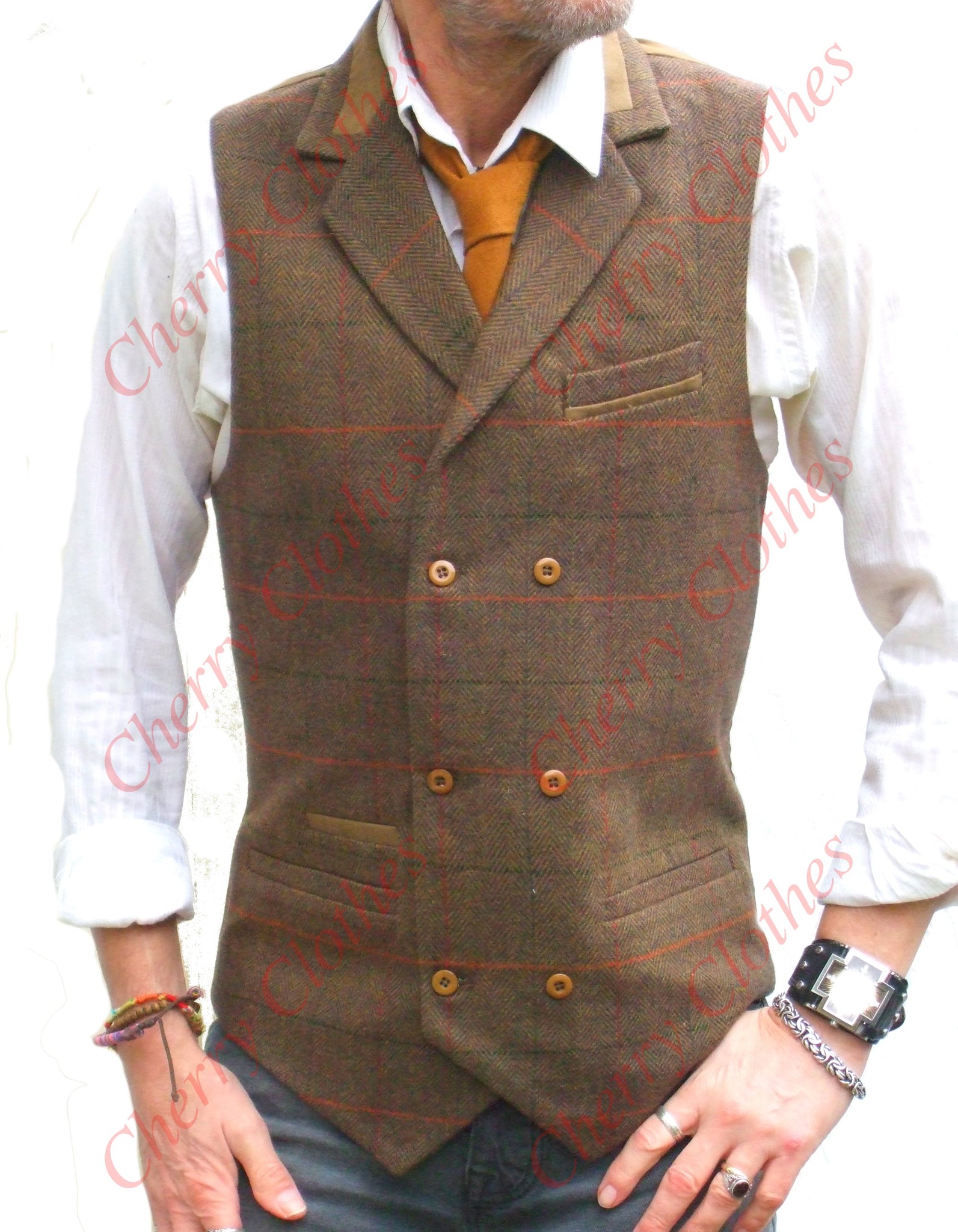 Waistcoat | Mens Wool Blend Tweed Double Breasted Brown Check Herringbone Waistcoat Vest