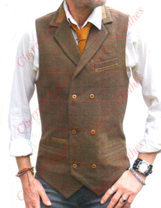 Waistcoat | Mens Wool Blend Tweed Double Breasted Brown Check Herringbone Waistcoat Vest