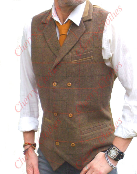 Waistcoat | Mens Wool Blend Tweed Double Breasted Brown Check Herringbone Waistcoat Vest