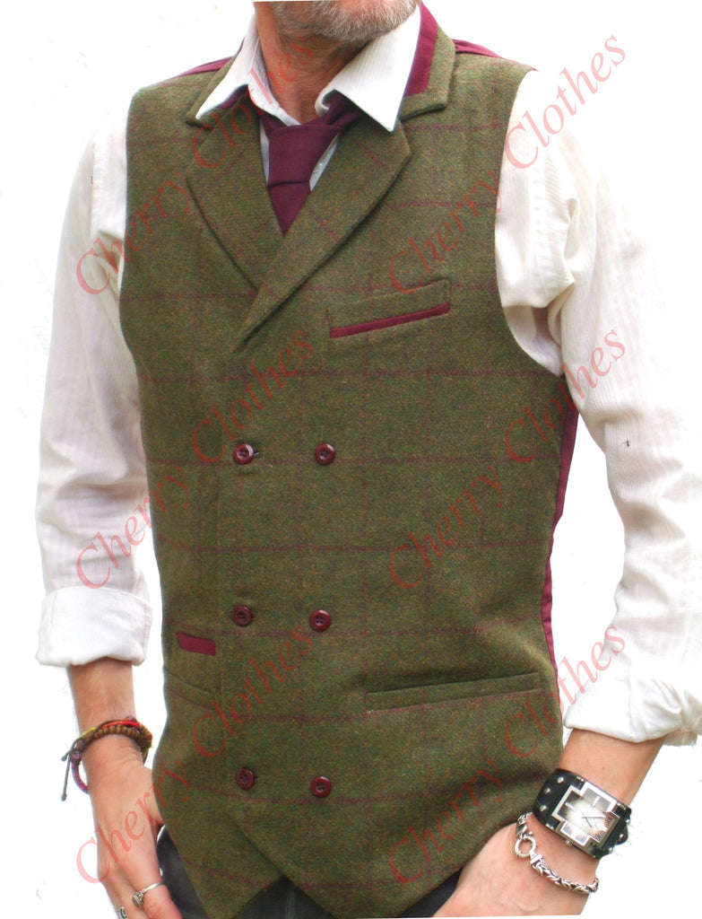 Mens Wool Blend Tweed Double Breasted Green Check Herringbone