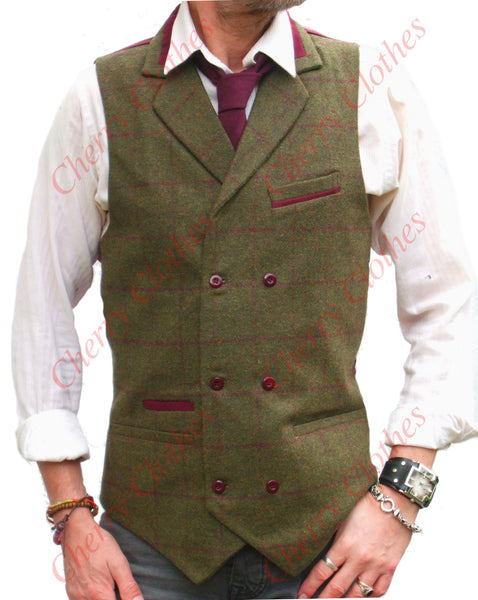 Waistcoat | Mens Wool Blend Tweed Double Breasted Green Check Herringbone Waistcoat Vest