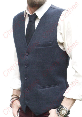 Mens Navy Blue Check Wool Handle Tweed Style Waistcoat Vest Gilet