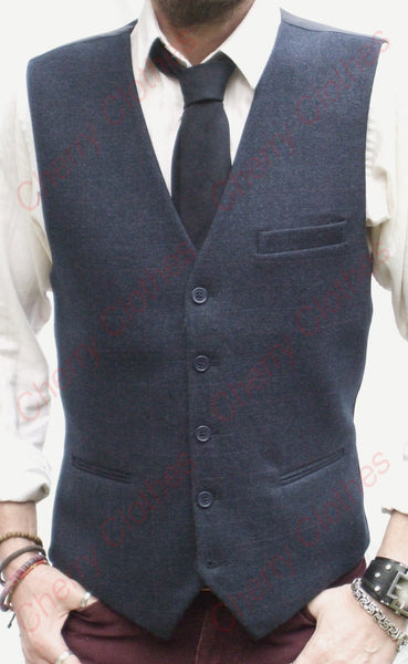 Mens Navy Blue Check Wool Handle Tweed Style Waistcoat Vest Gilet