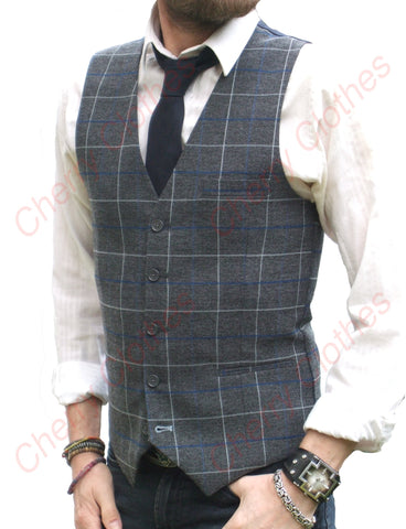 Grey Gray Check Slim Fit Tweed Style Vest Gilet All Sizes